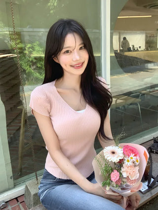 [4 colors] Scarlet Ribbed V-Neck Short-Sleeve Knit