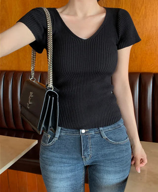 [4 colors] Scarlet Ribbed V-Neck Short-Sleeve Knit