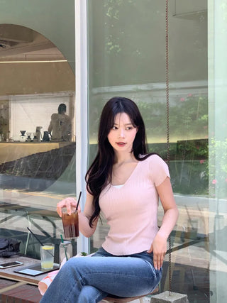 [4 colors] Scarlet Ribbed V-Neck Short-Sleeve Knit