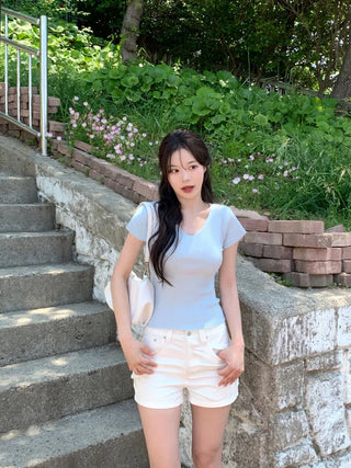 [4 colors] Scarlet Ribbed V-Neck Short-Sleeve Knit