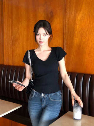 [4 colors] Scarlet Ribbed V-Neck Short-Sleeve Knit
