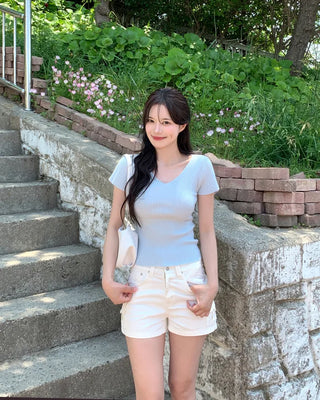 [4 colors] Scarlet Ribbed V-Neck Short-Sleeve Knit