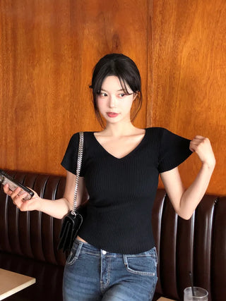 [4 colors] Scarlet Ribbed V-Neck Short-Sleeve Knit