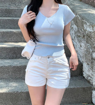 [4 colors] Scarlet Ribbed V-Neck Short-Sleeve Knit