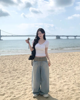 [4 colors] Scarlet Ribbed V-Neck Short-Sleeve Knit