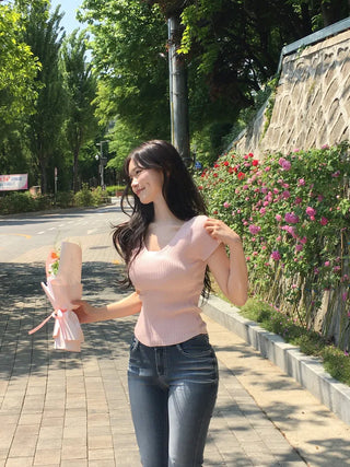 [4 colors] Scarlet Ribbed V-Neck Short-Sleeve Knit