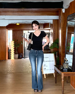 [4 colors] Scarlet Ribbed V-Neck Short-Sleeve Knit