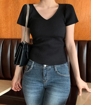 [4 colors] Scarlet Ribbed V-Neck Short-Sleeve Knit