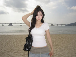 [4 colors] Scarlet Ribbed V-Neck Short-Sleeve Knit