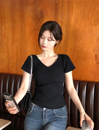 [4 colors] Scarlet Ribbed V-Neck Short-Sleeve Knit