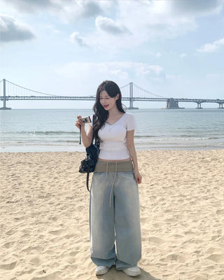 [4 colors] Scarlet Ribbed V-Neck Short-Sleeve Knit