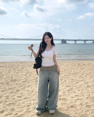 [4 colors] Scarlet Ribbed V-Neck Short-Sleeve Knit
