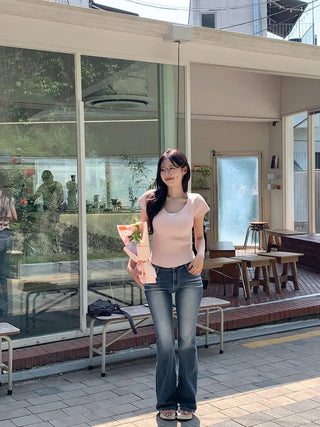 [4 colors] Scarlet Ribbed V-Neck Short-Sleeve Knit