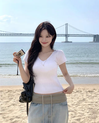 [4 colors] Scarlet Ribbed V-Neck Short-Sleeve Knit