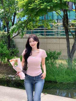 [4 colors] Scarlet Ribbed V-Neck Short-Sleeve Knit