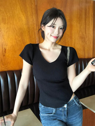 [4 colors] Scarlet Ribbed V-Neck Short-Sleeve Knit