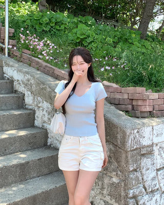 [4 colors] Scarlet Ribbed V-Neck Short-Sleeve Knit