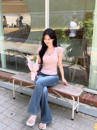 [4 colors] Scarlet Ribbed V-Neck Short-Sleeve Knit