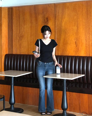 [4 colors] Scarlet Ribbed V-Neck Short-Sleeve Knit