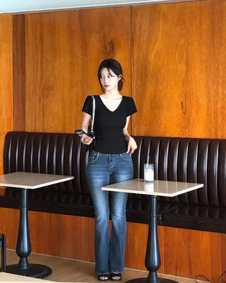 [4 colors] Scarlet Ribbed V-Neck Short-Sleeve Knit