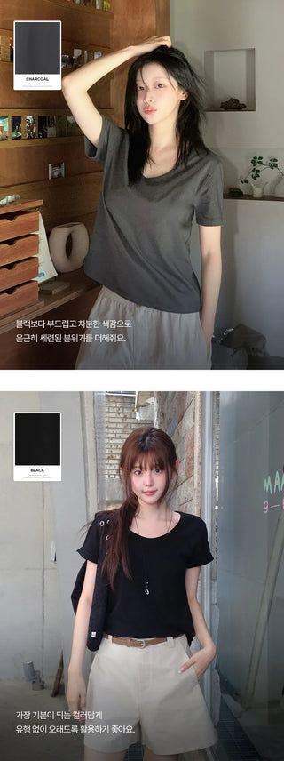 [5 colors] Essential Semi U-neck Short Sleeve T-shirt