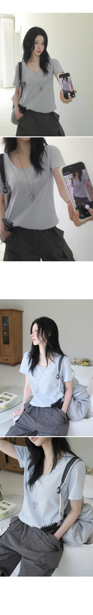 [5 colors] Essential Semi U-neck Short Sleeve T-shirt