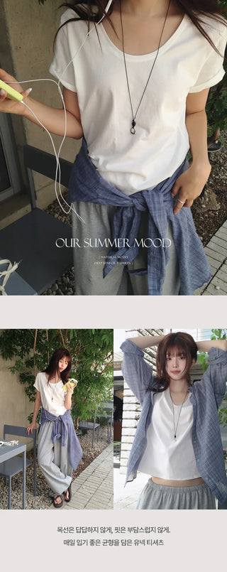 [5 colors] Essential Semi U-neck Short Sleeve T-shirt