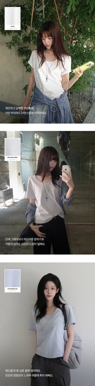 [5 colors] Essential Semi U-neck Short Sleeve T-shirt