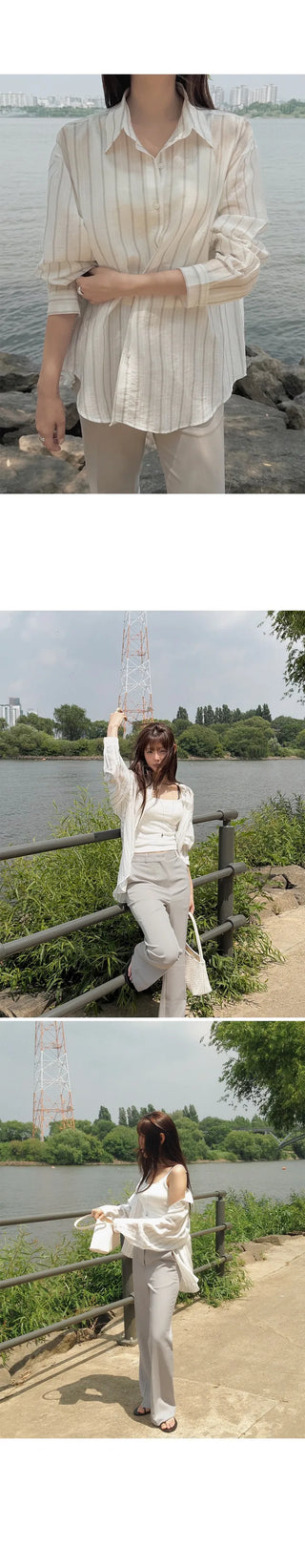 [3 colors] Watery Tencel Stripe Soft Shirt