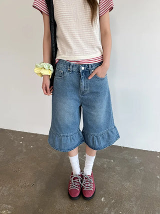 Denim frill Bermuda shorts