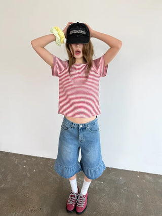 Denim frill Bermuda shorts