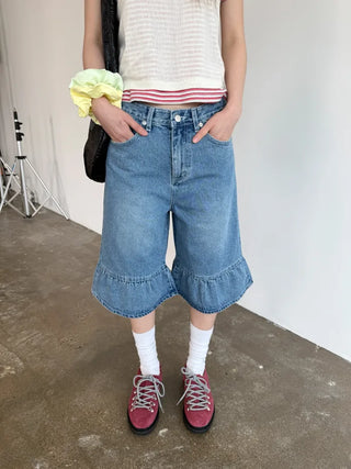 Denim frill Bermuda shorts