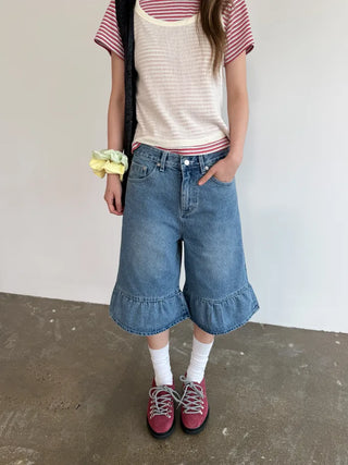 Denim frill Bermuda shorts