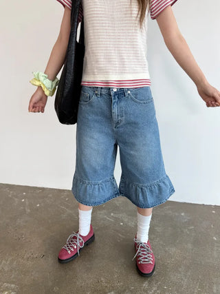 Denim frill Bermuda shorts