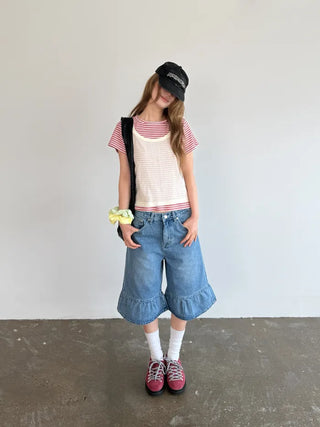 Denim frill Bermuda shorts