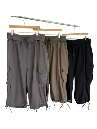 [3 colors] Fold Shirring Cargo Capri Pants