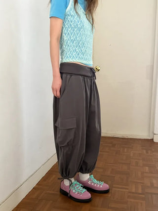 [3 colors] Fold Shirring Cargo Capri Pants