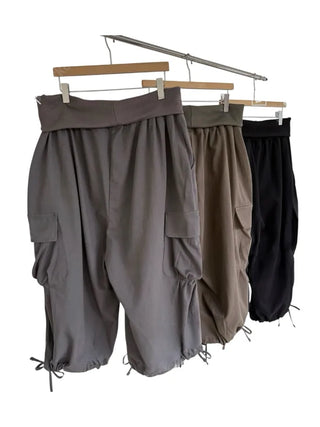 [3 colors] Fold Shirring Cargo Capri Pants