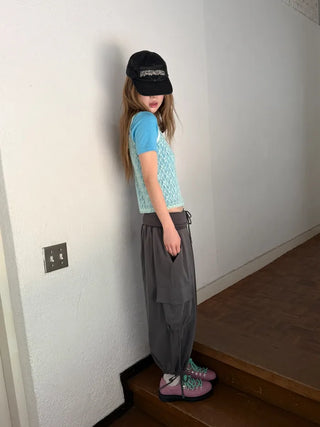 [3 colors] Fold Shirring Cargo Capri Pants