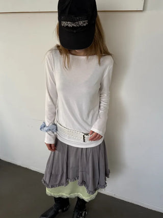 [2 colors] Satin Lace Midi Skirt