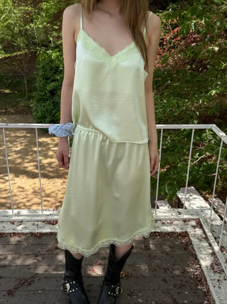 [2 colors] Satin Lace Midi Skirt