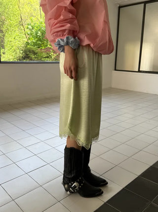[2 colors] Satin Lace Midi Skirt