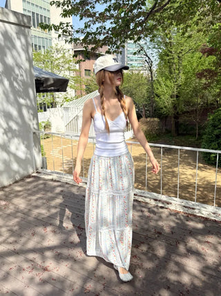Floral print lace long skirt