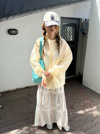 Floral print lace long skirt
