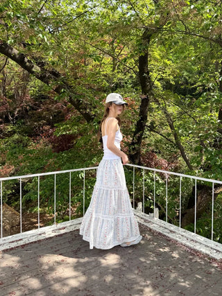 Floral print lace long skirt