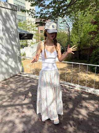 Floral print lace long skirt