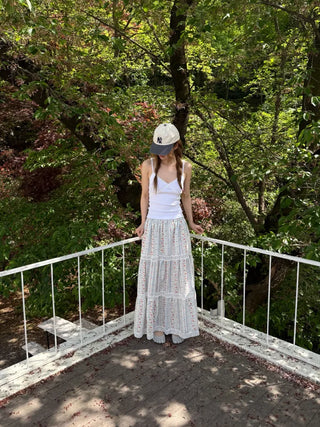 Floral print lace long skirt