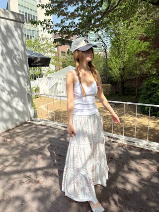 Floral print lace long skirt