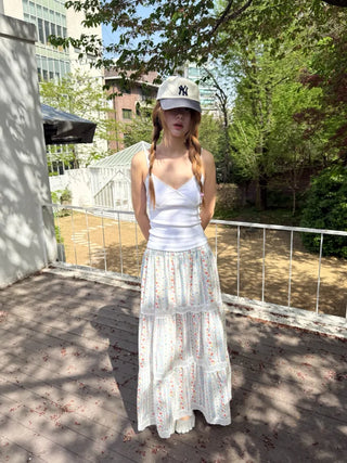 Floral print lace long skirt