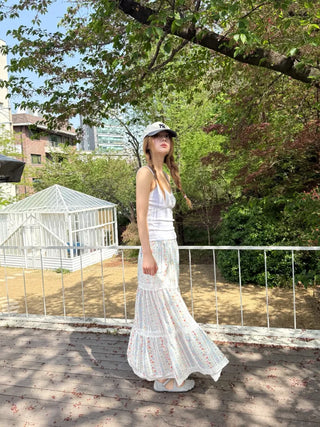 Floral print lace long skirt